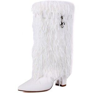 ⚡Women's White Fold Over Faux Fur Mid Calf Boots Chunky Heel Point Toe